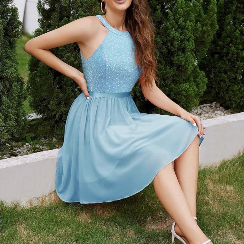 Elegant Blue Sleeveless cocktail Dress